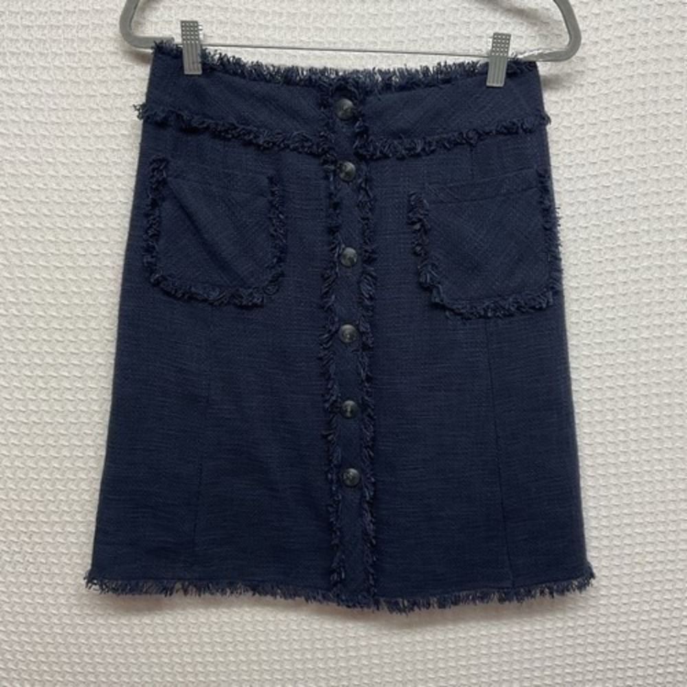 Lafayette 148 New York Blue Lined Button Fringe Tweed Pencil Skirt Women 2 China